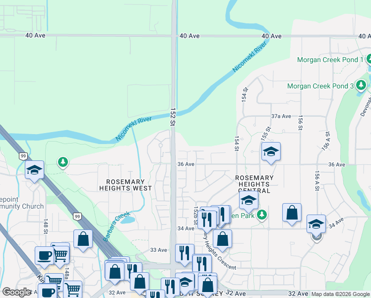 map of restaurants, bars, coffee shops, grocery stores, and more near 15237 36 Avenue in Surrey
