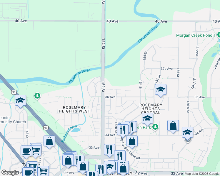 map of restaurants, bars, coffee shops, grocery stores, and more near 15237 36 Avenue in Surrey