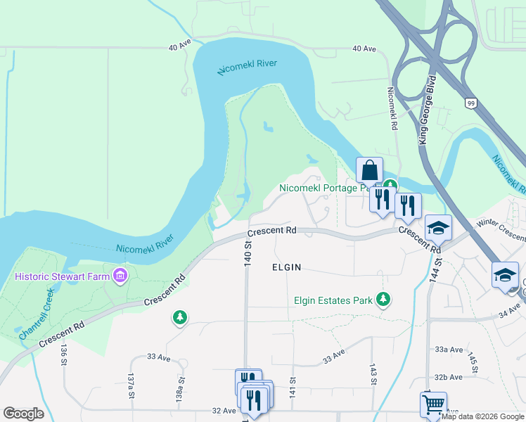 map of restaurants, bars, coffee shops, grocery stores, and more near 14025 Nico Wynd Place in Surrey