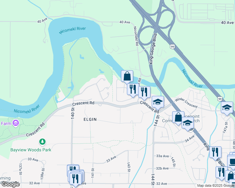 map of restaurants, bars, coffee shops, grocery stores, and more near 3676 142 Street in Surrey