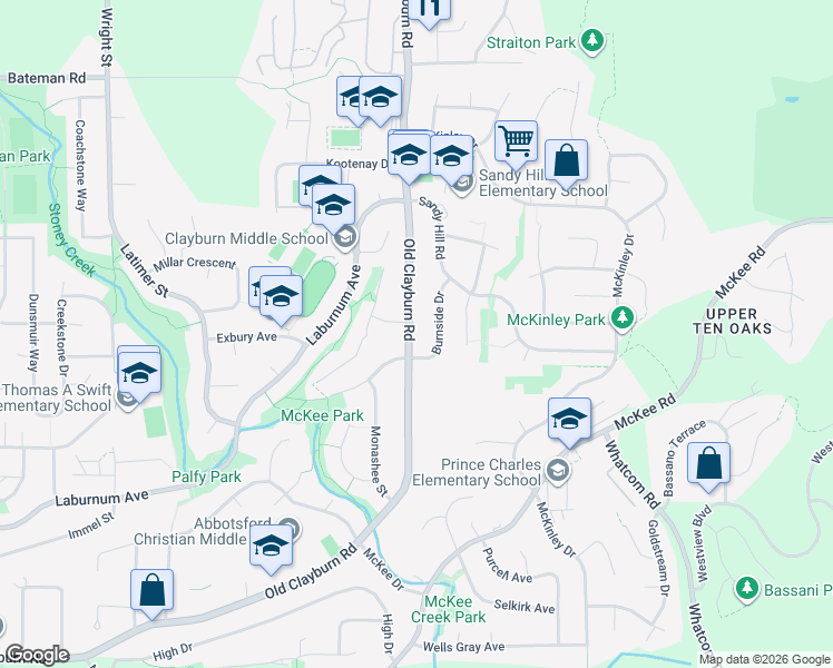 map of restaurants, bars, coffee shops, grocery stores, and more near 3623 Burnside Drive in Abbotsford