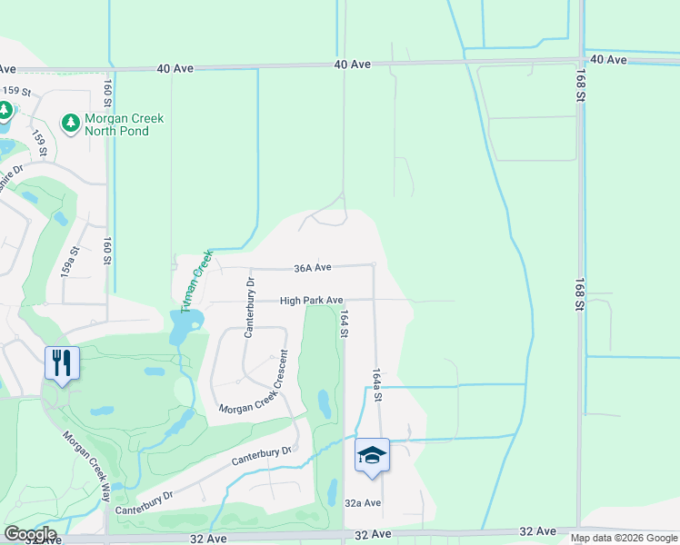 map of restaurants, bars, coffee shops, grocery stores, and more near 16398 36A Avenue in Surrey