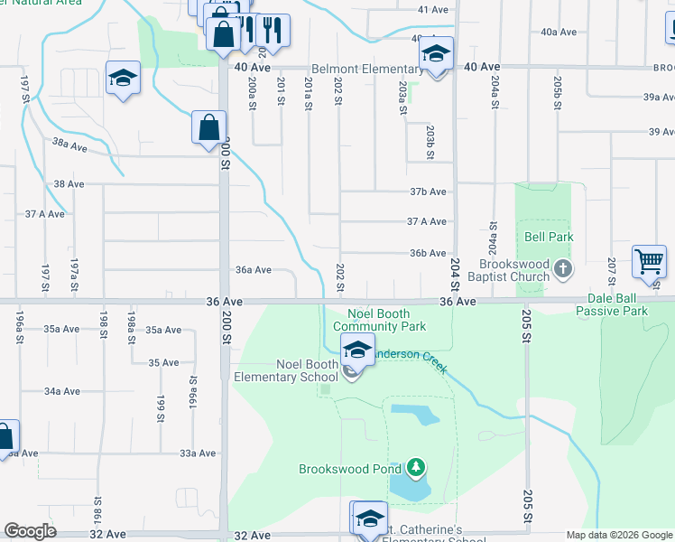 map of restaurants, bars, coffee shops, grocery stores, and more near 3649 202 Street in Langley