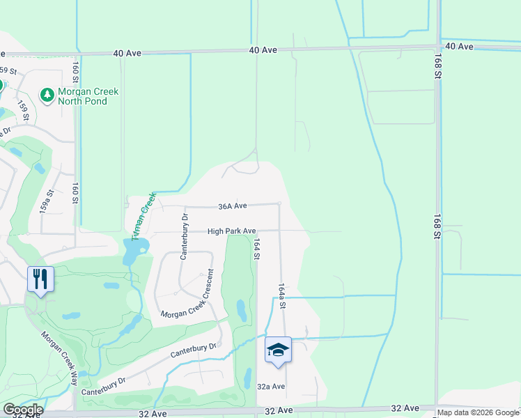 map of restaurants, bars, coffee shops, grocery stores, and more near 16418 36A Avenue in Surrey