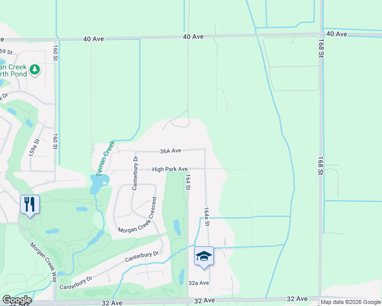 map of restaurants, bars, coffee shops, grocery stores, and more near 16425 High Park Avenue in Surrey