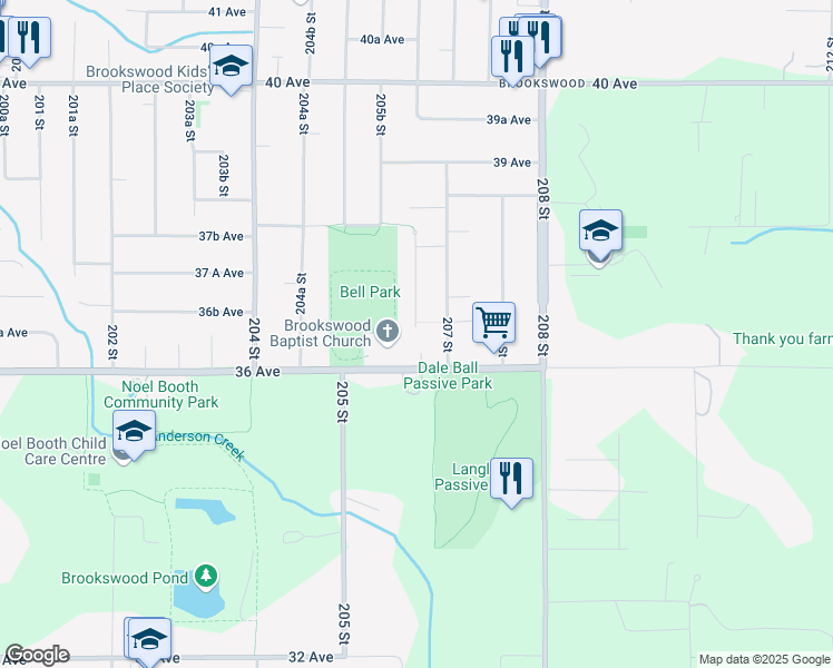 map of restaurants, bars, coffee shops, grocery stores, and more near 3649 206A Street in Langley