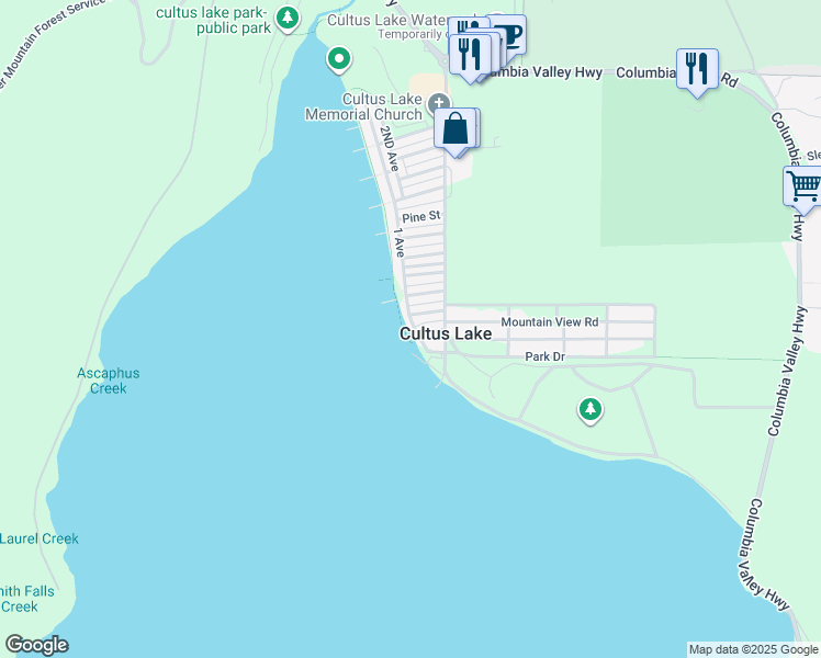 map of restaurants, bars, coffee shops, grocery stores, and more near 183 1 Avenue in Cultus Lake