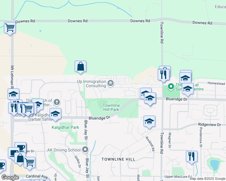 map of restaurants, bars, coffee shops, grocery stores, and more near 31199 Blueridge Drive in Abbotsford