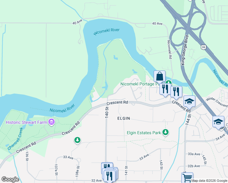 map of restaurants, bars, coffee shops, grocery stores, and more near 3603 Nico Wynd Drive in Surrey