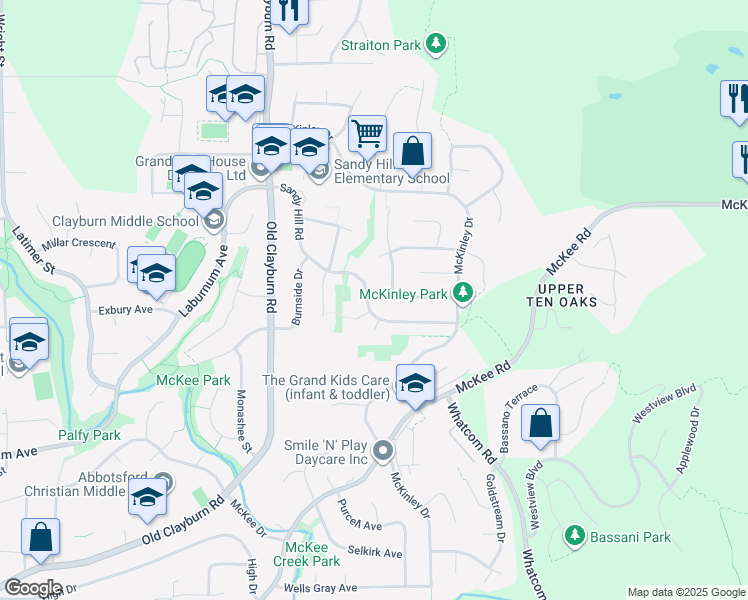 map of restaurants, bars, coffee shops, grocery stores, and more near 35351 Sandy Hill Road in Abbotsford