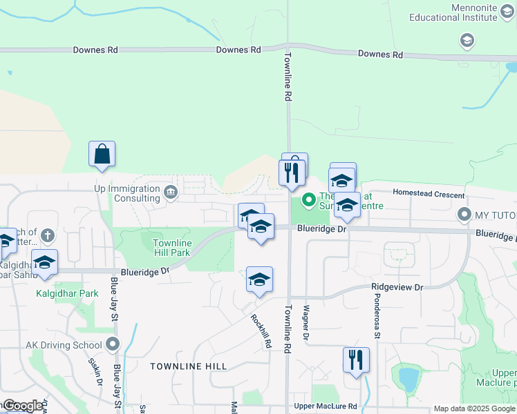 map of restaurants, bars, coffee shops, grocery stores, and more near 31098 Westridge Place in Abbotsford
