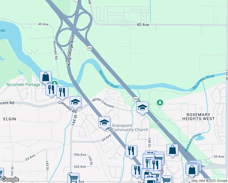 map of restaurants, bars, coffee shops, grocery stores, and more near 14611 36B Avenue in Surrey