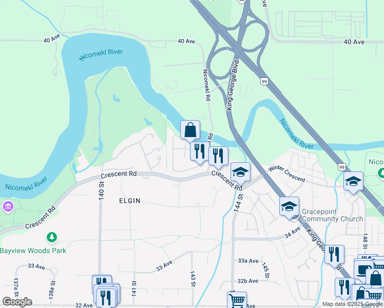 map of restaurants, bars, coffee shops, grocery stores, and more near 14268 37 Avenue in Surrey