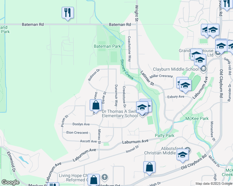 map of restaurants, bars, coffee shops, grocery stores, and more near Dunsmuir Way in Abbotsford