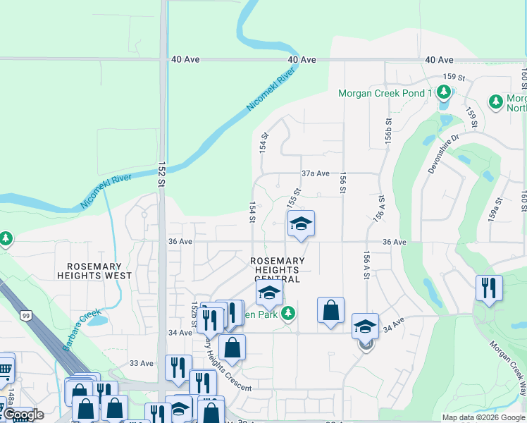 map of restaurants, bars, coffee shops, grocery stores, and more near 15436 36B Avenue in Surrey