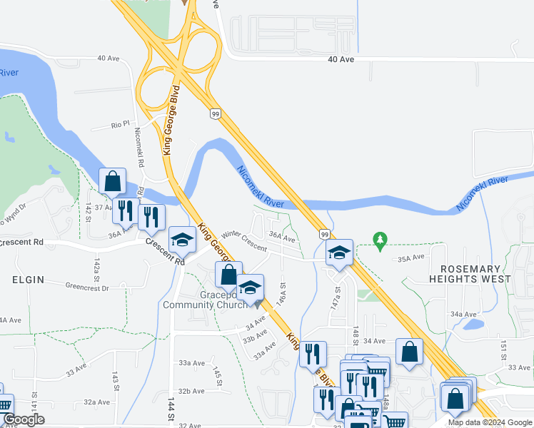 map of restaurants, bars, coffee shops, grocery stores, and more near 14591 36B Avenue in Surrey