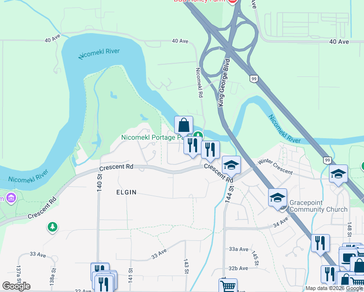 map of restaurants, bars, coffee shops, grocery stores, and more near 14256 37 Avenue in Surrey