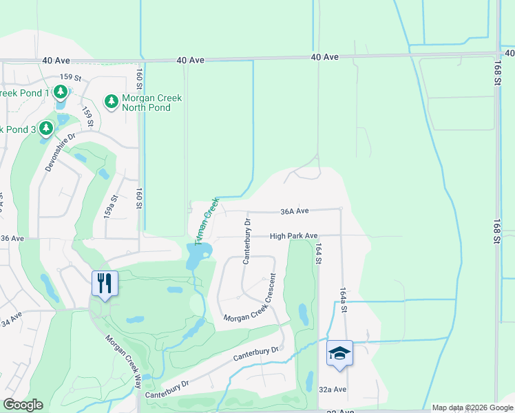map of restaurants, bars, coffee shops, grocery stores, and more near 16251 36A Avenue in Surrey