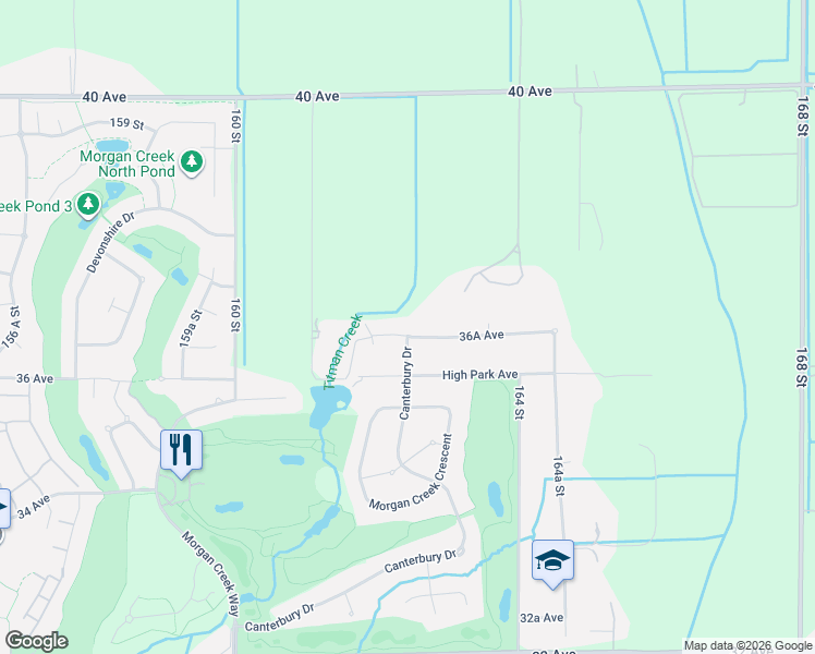 map of restaurants, bars, coffee shops, grocery stores, and more near 16235 36A Avenue in Surrey