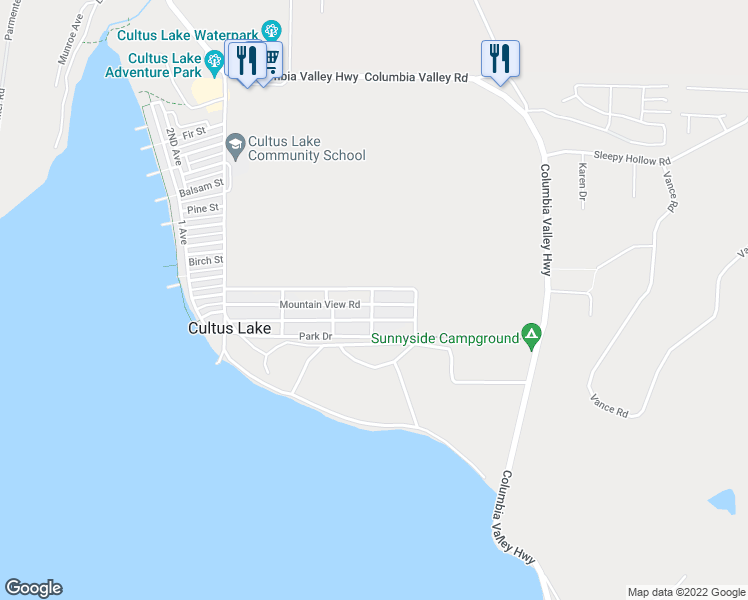 map of restaurants, bars, coffee shops, grocery stores, and more near 644 Mountain View Road in Cultus Lake