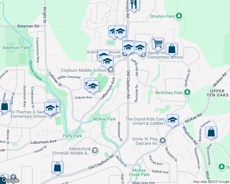 map of restaurants, bars, coffee shops, grocery stores, and more near 3669 Bulkley Street in Abbotsford