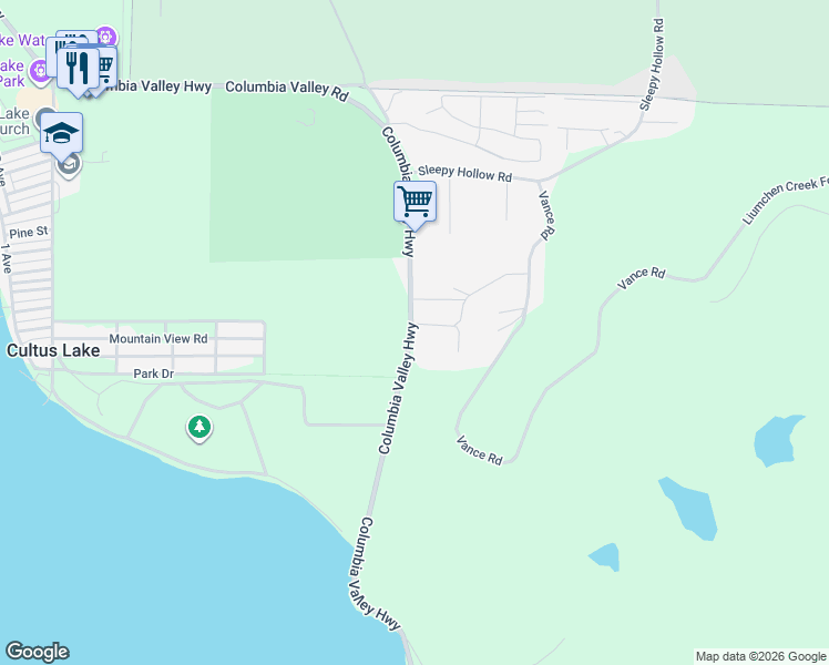 map of restaurants, bars, coffee shops, grocery stores, and more near 45642 Rachael Place in Cultus Lake