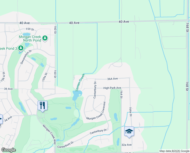 map of restaurants, bars, coffee shops, grocery stores, and more near 16235 36A Avenue in Surrey