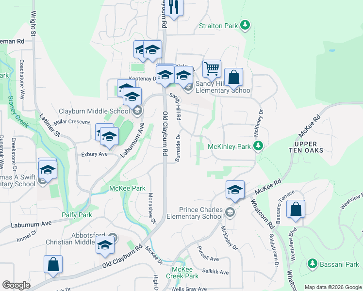 map of restaurants, bars, coffee shops, grocery stores, and more near 3672 Burnside Drive in Abbotsford