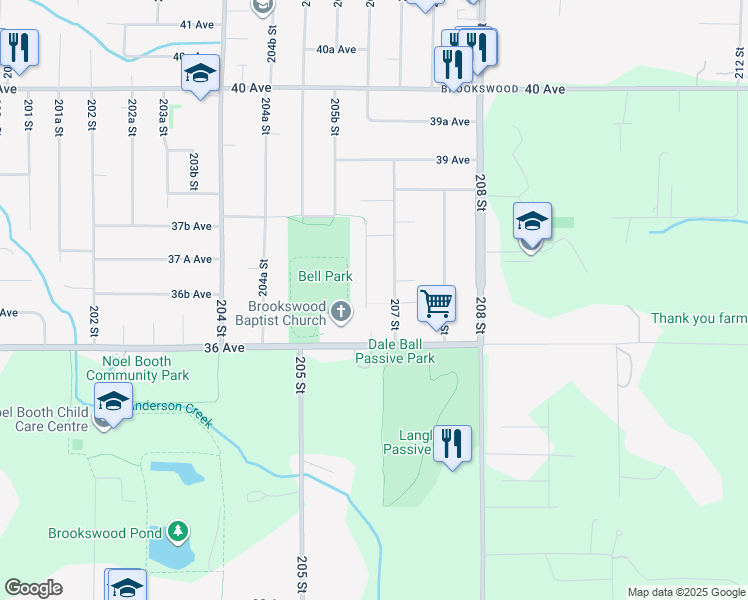 map of restaurants, bars, coffee shops, grocery stores, and more near 3656 206A Street in Langley City