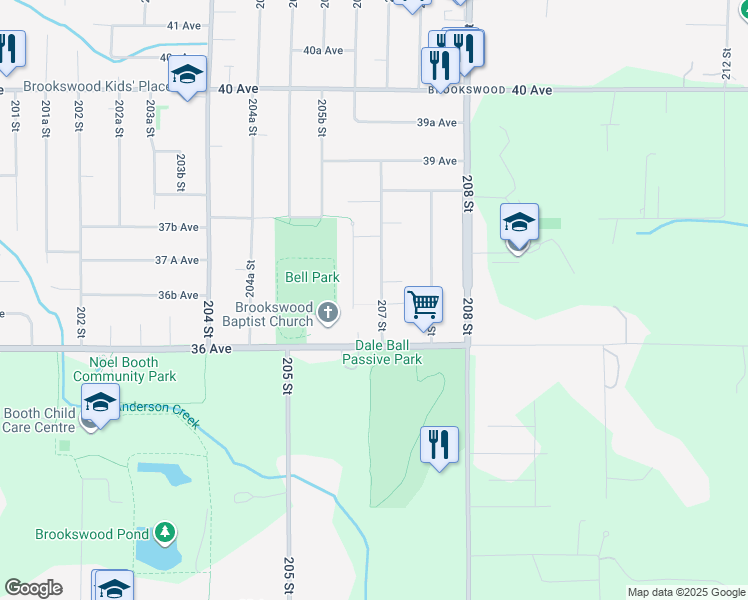 map of restaurants, bars, coffee shops, grocery stores, and more near 3667 207 Street in Langley