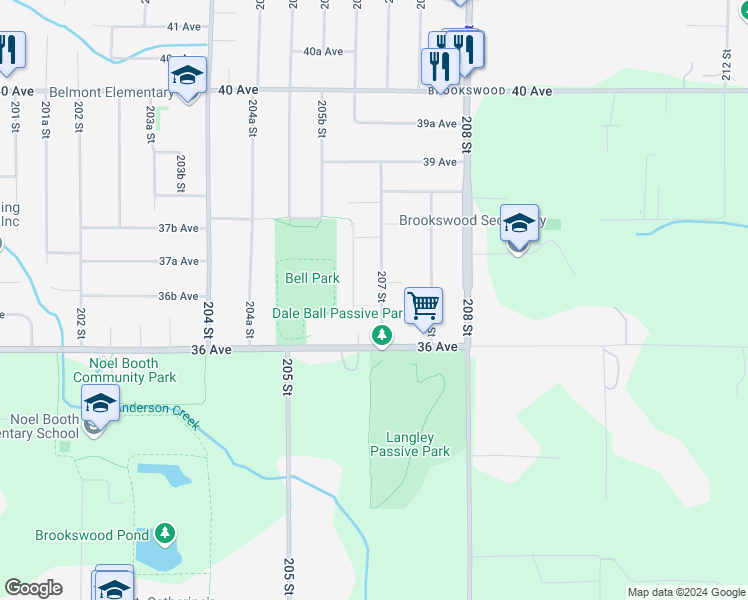 map of restaurants, bars, coffee shops, grocery stores, and more near 3667 207 Street in Langley City