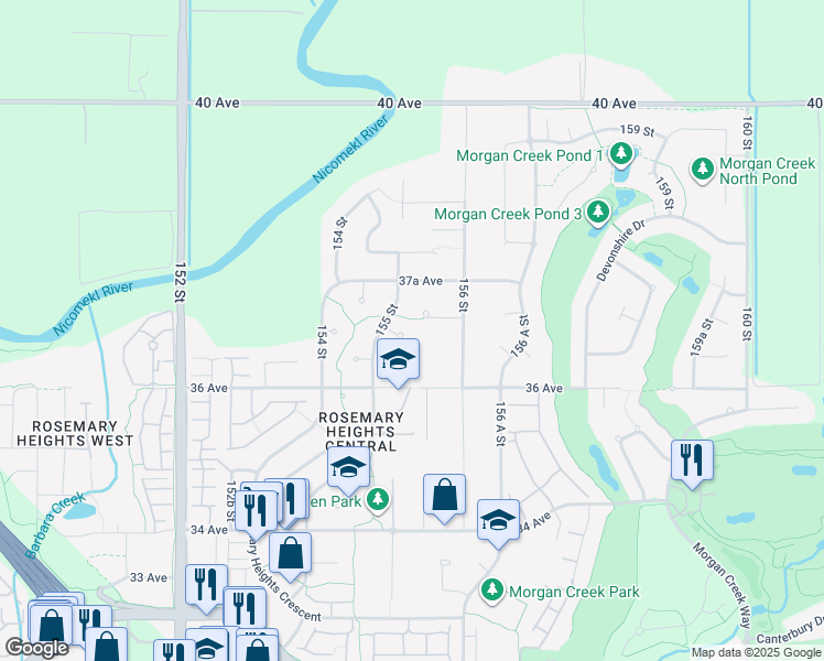 map of restaurants, bars, coffee shops, grocery stores, and more near 15535 36B Avenue in Surrey