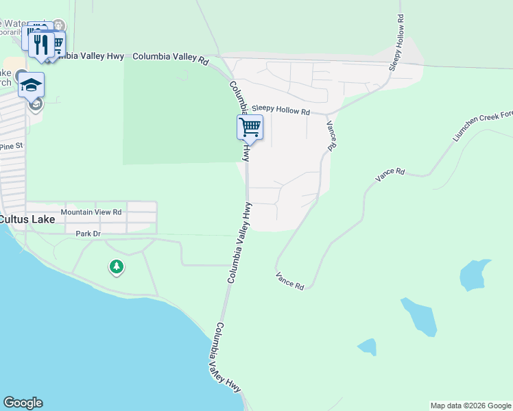 map of restaurants, bars, coffee shops, grocery stores, and more near 3636 Columbia Valley Road in Cultus Lake