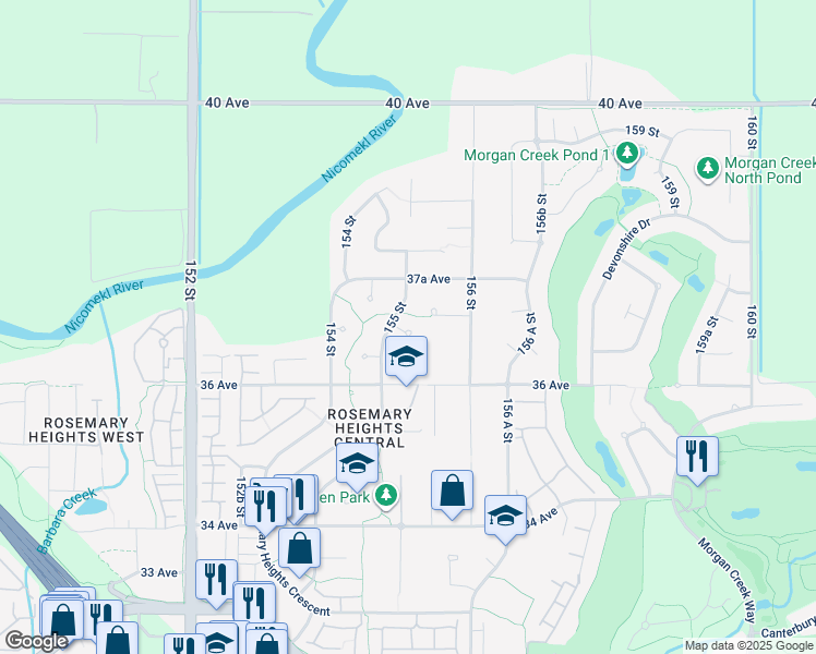 map of restaurants, bars, coffee shops, grocery stores, and more near 15535 36B Avenue in Surrey