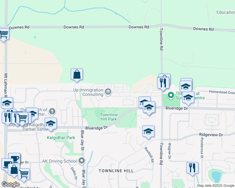 map of restaurants, bars, coffee shops, grocery stores, and more near 31199 Blueridge Drive in Abbotsford