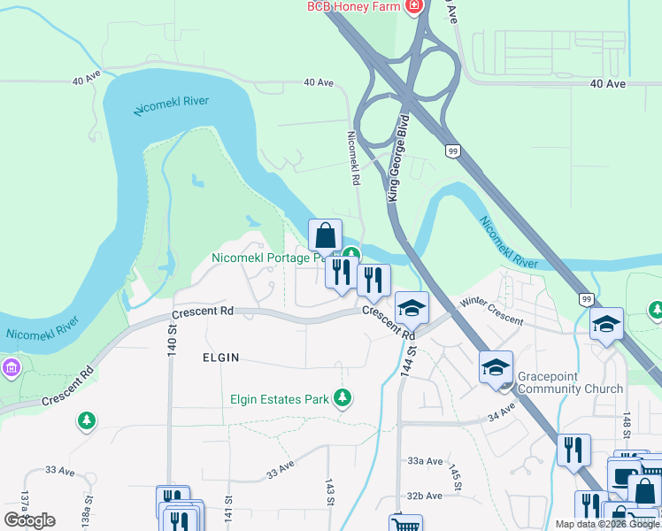 map of restaurants, bars, coffee shops, grocery stores, and more near 14279 37 Avenue in Surrey