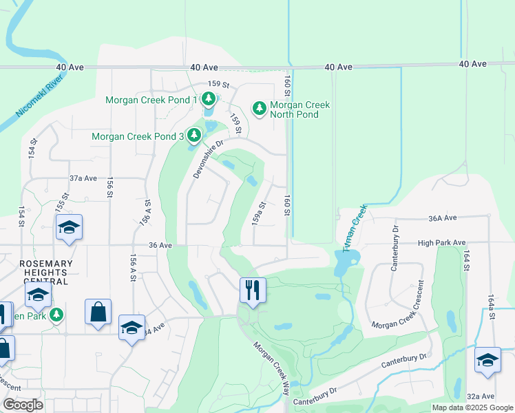 map of restaurants, bars, coffee shops, grocery stores, and more near 3689 159A Street in Surrey