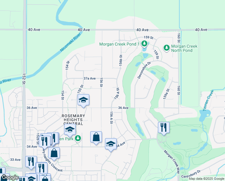 map of restaurants, bars, coffee shops, grocery stores, and more near 15632 37 Avenue in Surrey