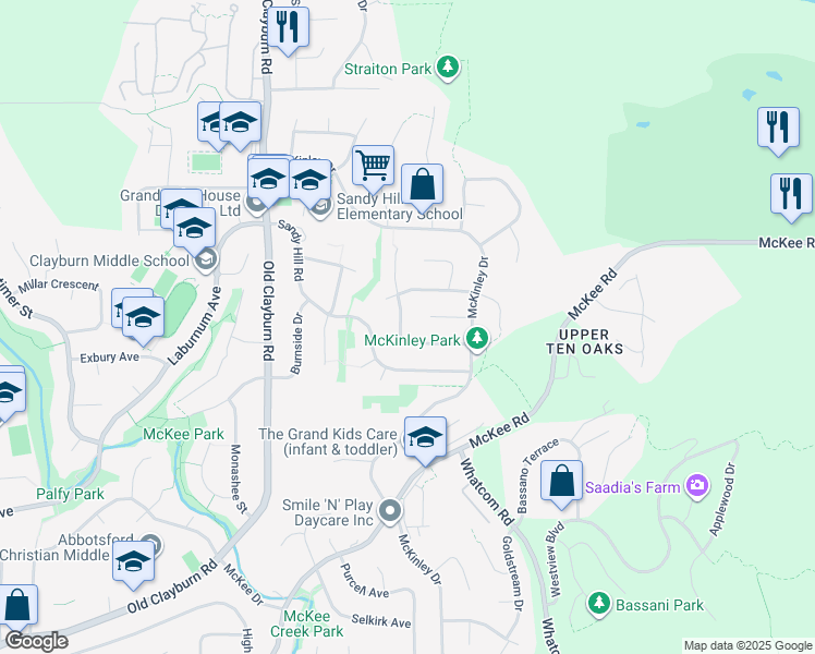 map of restaurants, bars, coffee shops, grocery stores, and more near 3688 Lethbridge Drive in Abbotsford