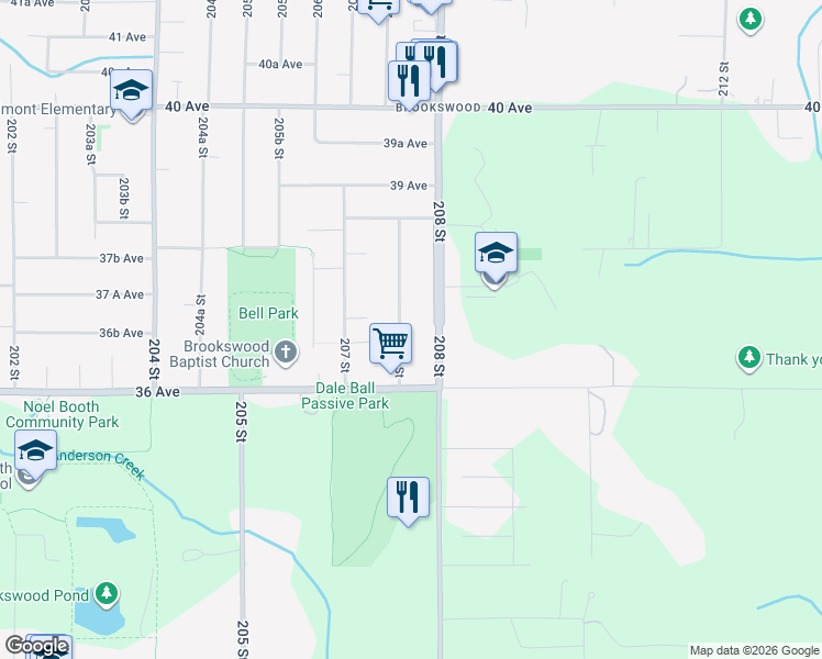 map of restaurants, bars, coffee shops, grocery stores, and more near 3682 207B Street in Langley