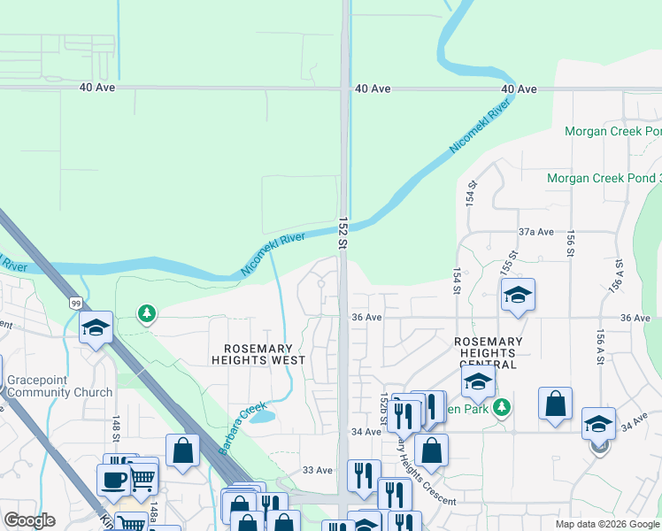 map of restaurants, bars, coffee shops, grocery stores, and more near 3695 152 Street in Surrey