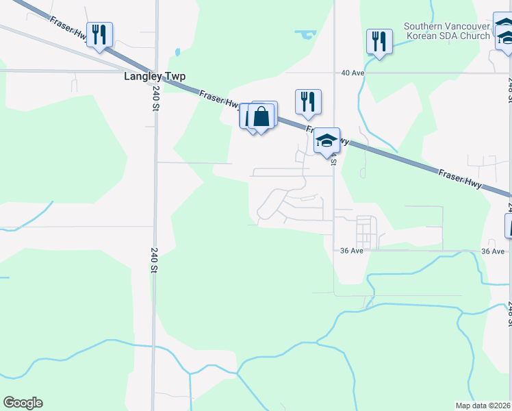 map of restaurants, bars, coffee shops, grocery stores, and more near 3665 244 Street in Langley Township