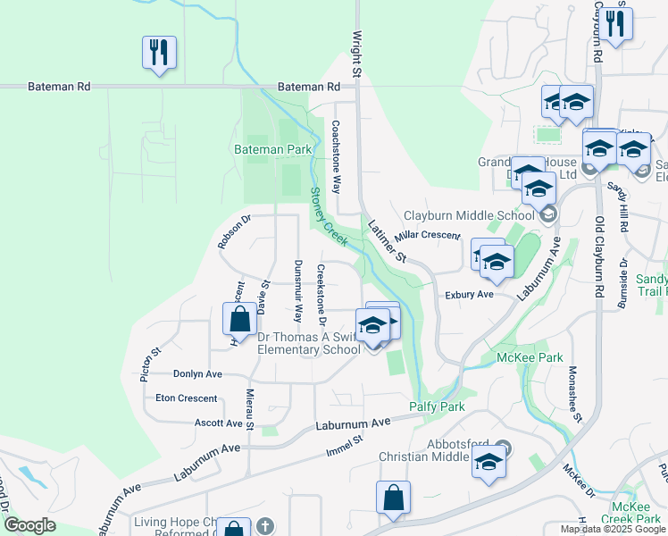 map of restaurants, bars, coffee shops, grocery stores, and more near 3695 Cobblestone Drive in Abbotsford