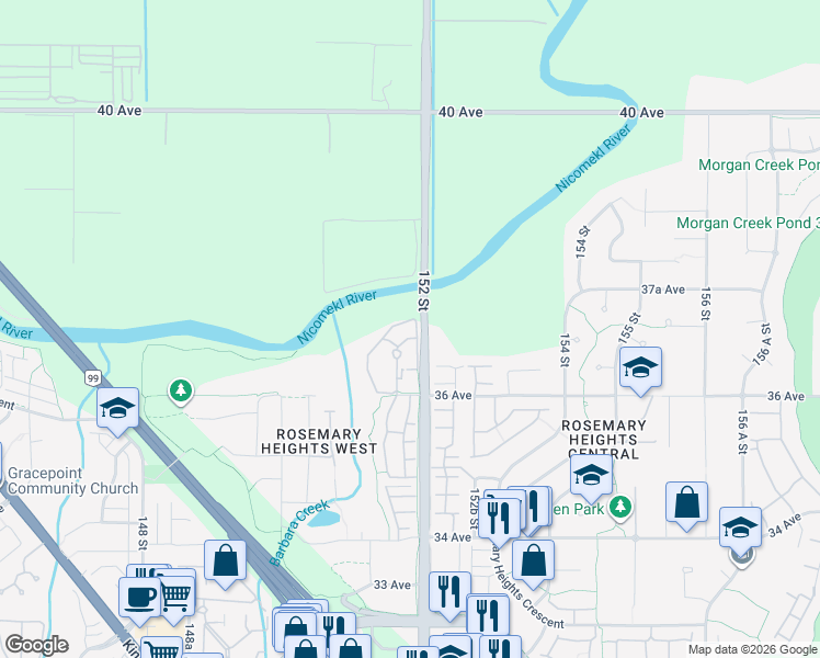 map of restaurants, bars, coffee shops, grocery stores, and more near 3695 152 Street in Surrey