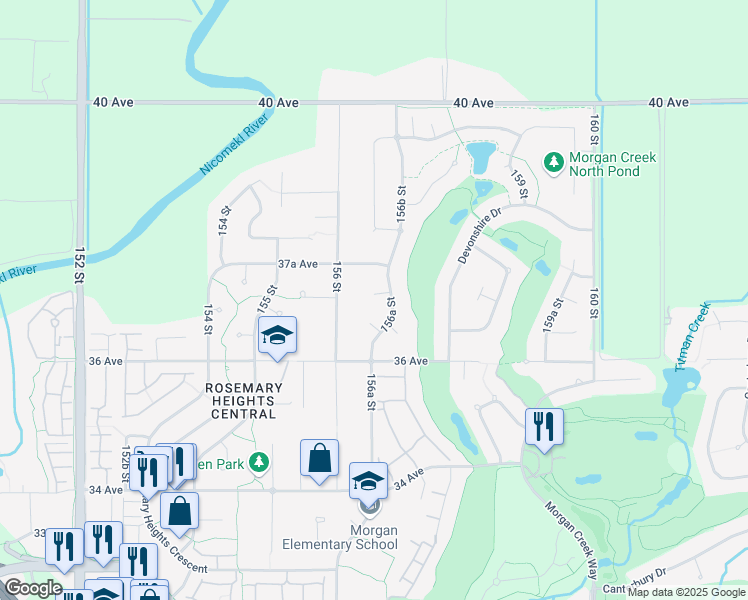 map of restaurants, bars, coffee shops, grocery stores, and more near 15637 37 Avenue in Surrey