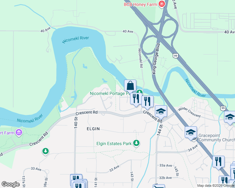 map of restaurants, bars, coffee shops, grocery stores, and more near 3711 142 Street in Surrey