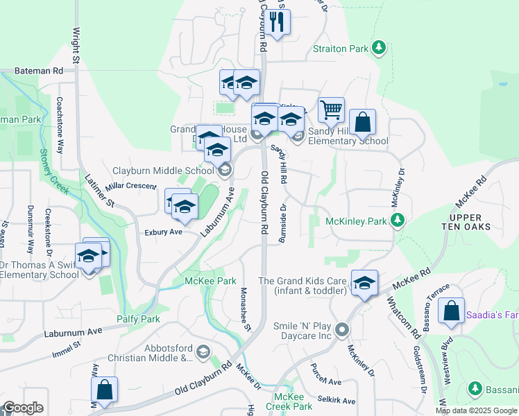 map of restaurants, bars, coffee shops, grocery stores, and more near 3697 Old Clayburn Road in Abbotsford