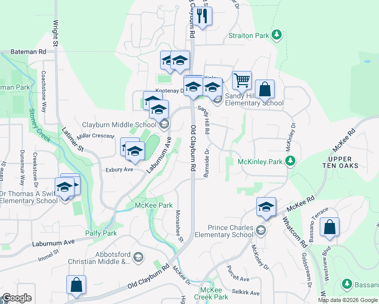 map of restaurants, bars, coffee shops, grocery stores, and more near 3706 Bulkley Street in Abbotsford
