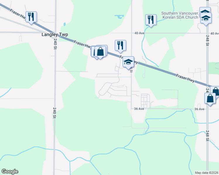 map of restaurants, bars, coffee shops, grocery stores, and more near Maple Crescent in Langley