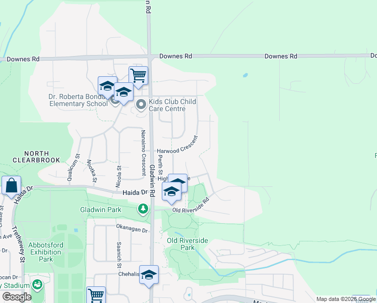 map of restaurants, bars, coffee shops, grocery stores, and more near 3722 Harwood Crescent in Abbotsford